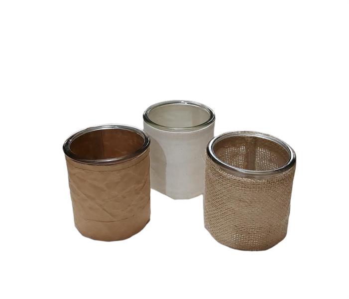 GLASS ROUND POT D.10XH10 CM COL. ASS. JUTA/NAT-COT/BCO-COT/NAT